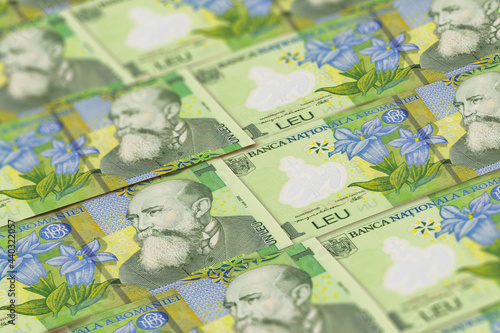 Romanian money. Romanian leu banknotes. 1 RON lei bills.