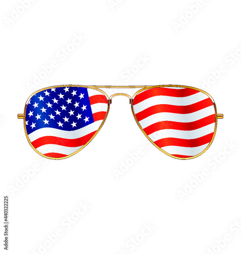Cool gold rim frames Aviator Sunglasses with waving USA flag in lenses isolated on white background