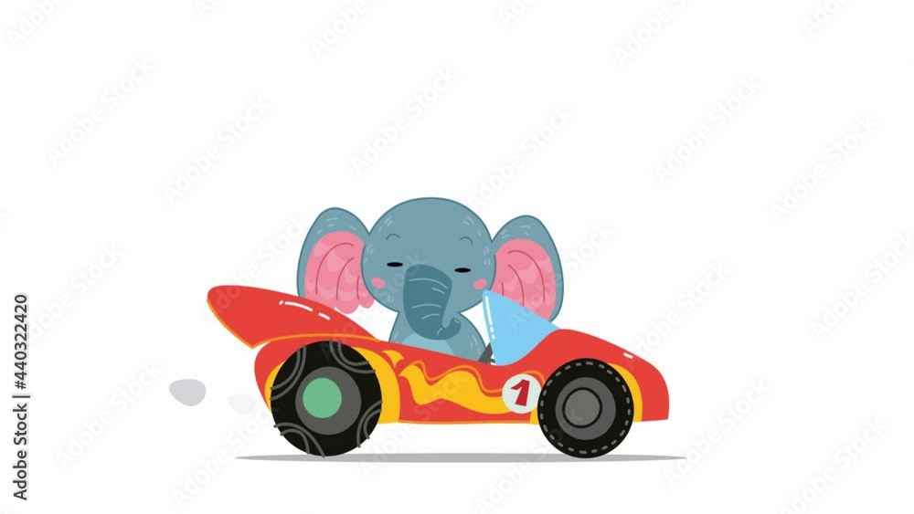 Baby elephant driver sits at the wheel of a red car. Yellow racing car ...