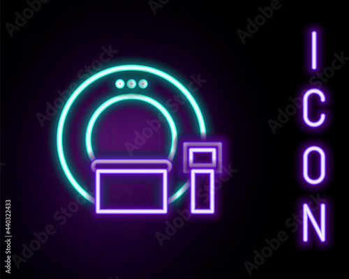 Glowing neon line Tomography icon isolated on black background. Medical scanner, radiation. Diagnosis, radiology, magnetic resonance therapy. Colorful outline concept. Vector