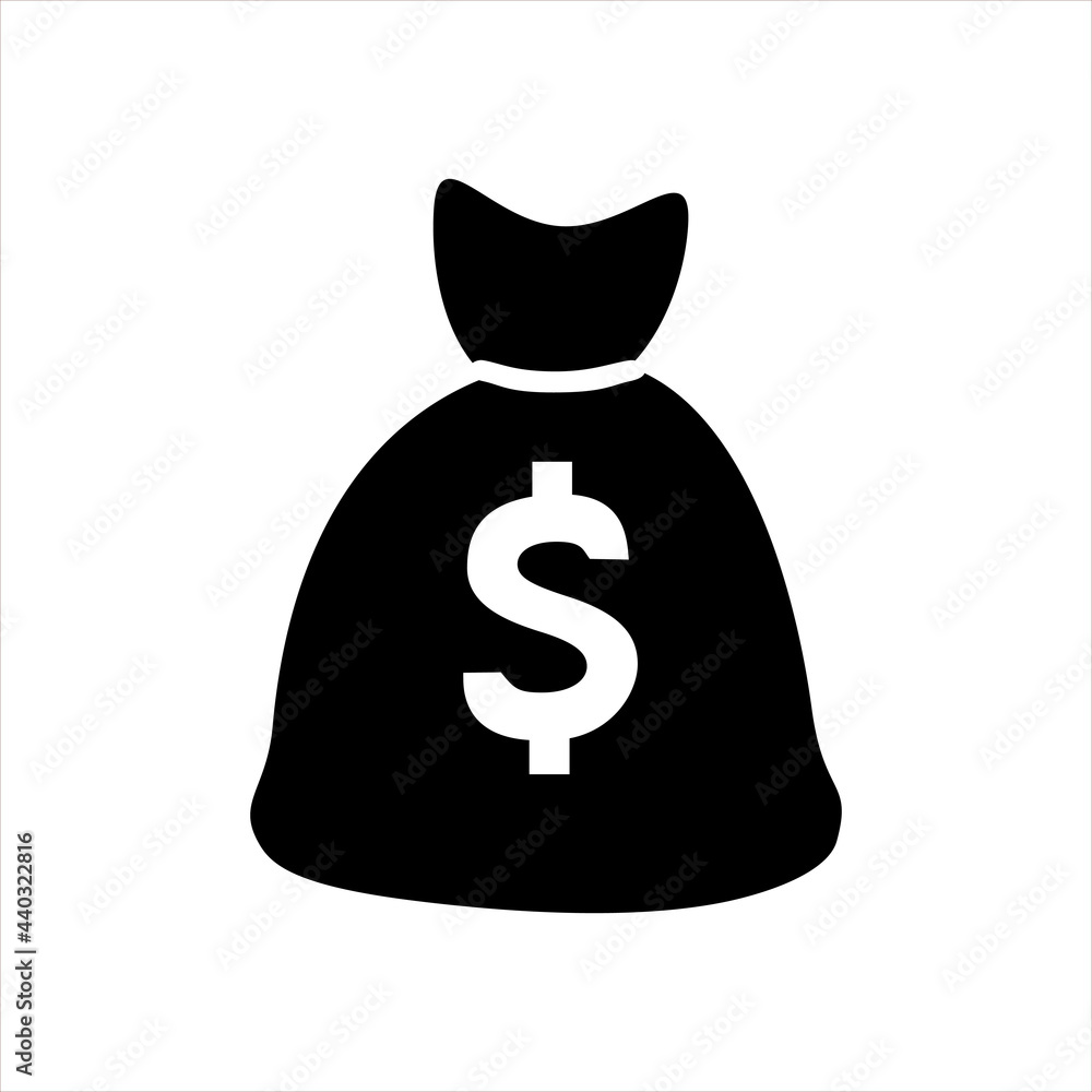 Money Bag Icon with the shadow black illustration, isolated on white background, graphic design sign. Flat design style. Money Bag Icon with the shadow black illustration, isolated on white background, graphic design sign. Flat design style.