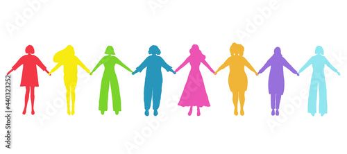 Women holding hands. Colored silhouettes of women. International Women's Day concept. Women's community. Female solidarity. Silhouettes of Women of different races. Vector illustration