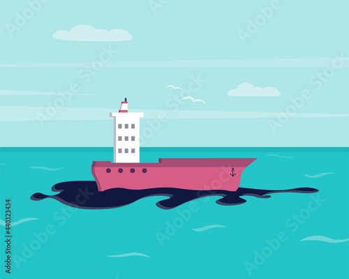 Oil spill on water. Ecological disaster. Environmental pollution. Ecological problem. Vector illustration in a flat style.