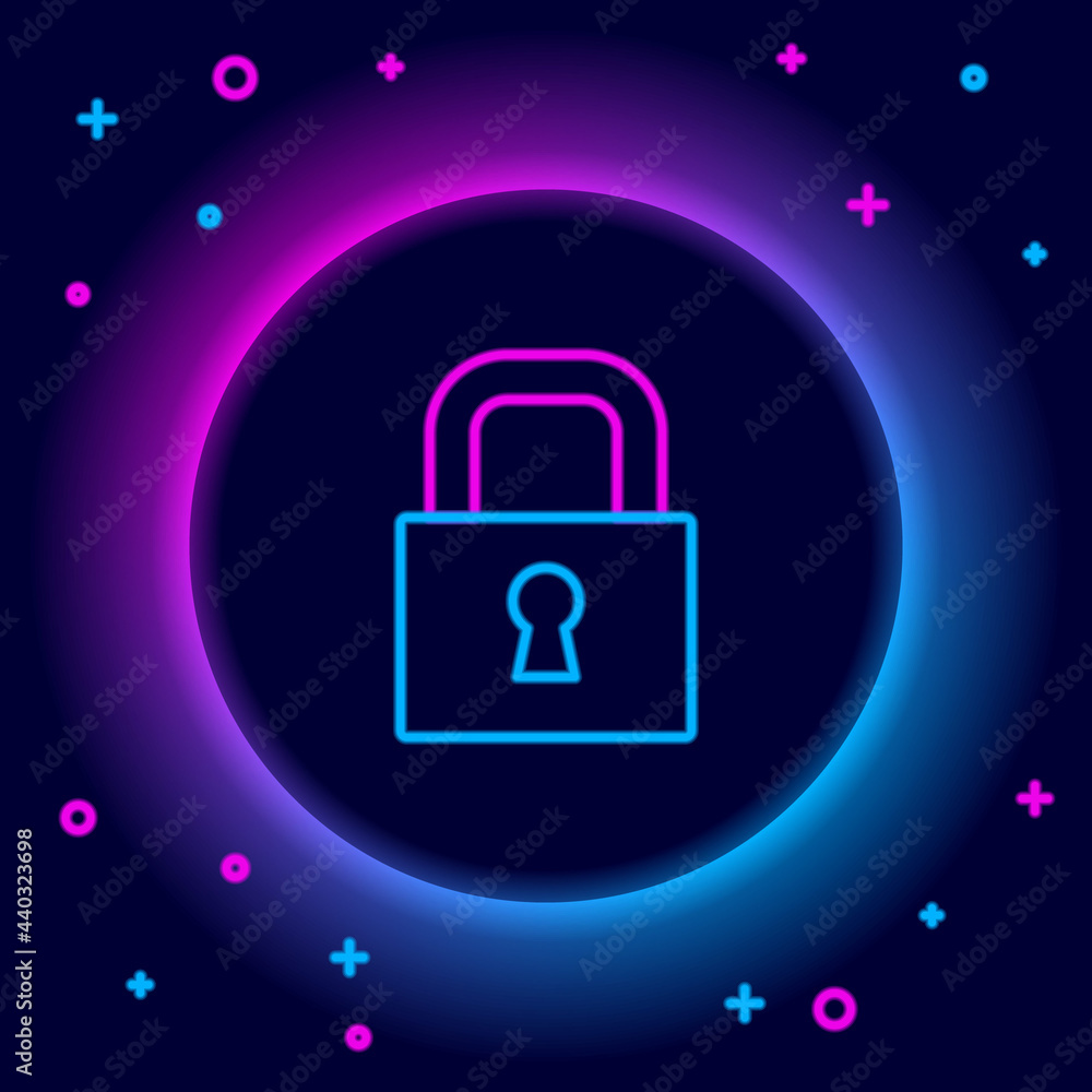 Glowing neon line Lock icon isolated on black background. Padlock sign. Security, safety, protection, privacy concept. Colorful outline concept. Vector Glowing neon line Lock icon isolated on black background. Padlock sign. Security, safety, protection, privacy concept. Colorful outline concept. Vector