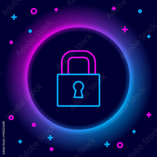Glowing neon line Lock icon isolated on black background. Padlock sign. Security, safety, protection, privacy concept. Colorful outline concept. Vector
