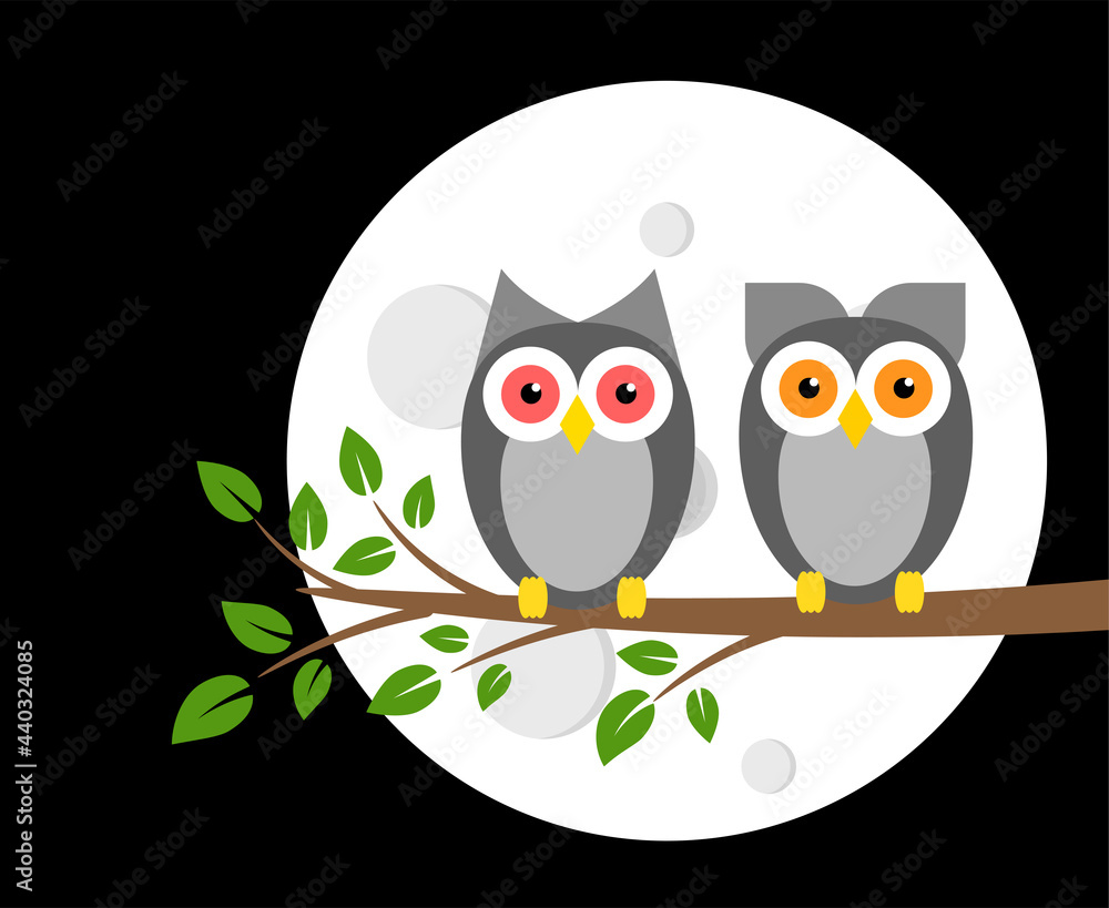 Two Owls on a Tree Branch at Night with Full Moon Two Owls on a Tree Branch at Night with Full Moon