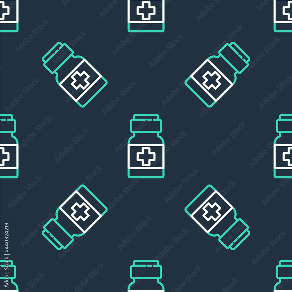 Line Medicine bottle and pills icon isolated seamless pattern on black background. Medical drug package for tablet, vitamin, antibiotic, aspirin. Vector Line Medicine bottle and pills icon isolated seamless pattern on black background. Medical drug package for tablet, vitamin, antibiotic, aspirin. Vector