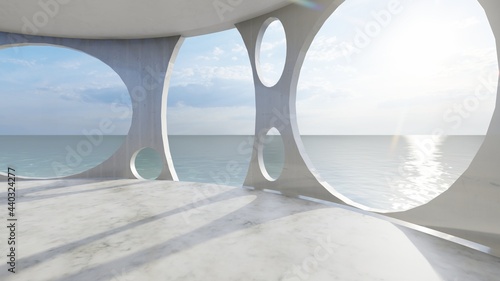 Architecture interior background room with sea view 3d render © Annuitti