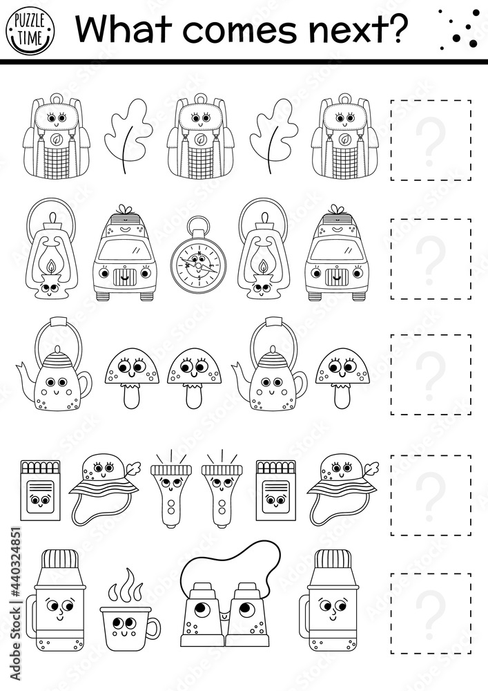 What comes next. Summer camp black and white matching activity with kawaii camping equipment. Funny outline puzzle. Logical worksheet. Continue the row game or coloring page..