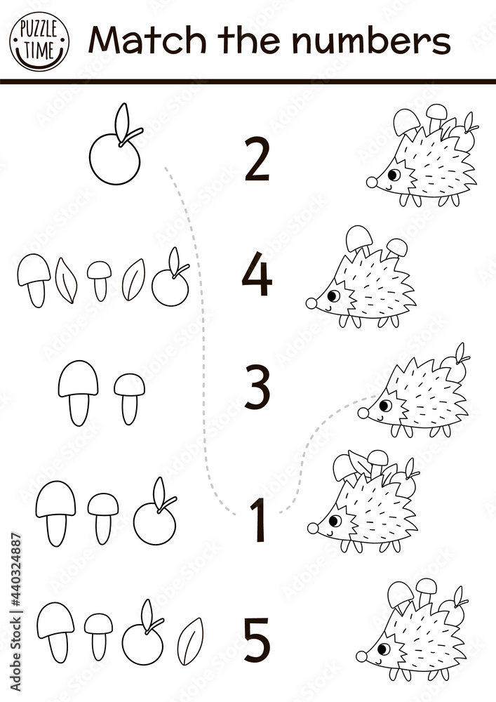 Match the numbers black and white game with funny hedgehog. Forest math outline activity or