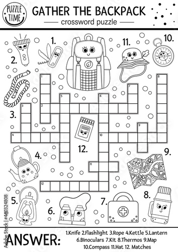 Vector black and white camping crossword puzzle for kids. Simple Summer camp outline quiz with forest equipment. Activity with compass, thermos, bag. Gather the backpack cross word or coloring page