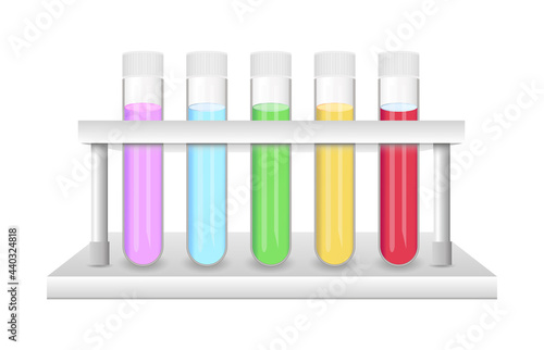 Vector realistic illustration of glass laboratory test tubes with color liquids. Test tube rack or test tube stand isolated on a white background. Laboratory glassware, laboratory equipment.