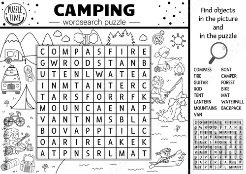 Vector black and white camping wordsearch puzzle. Simple forest summer camp outline crossword or coloring page. Educational keyword activity with kids fishing, hiking, playing guitar . photo