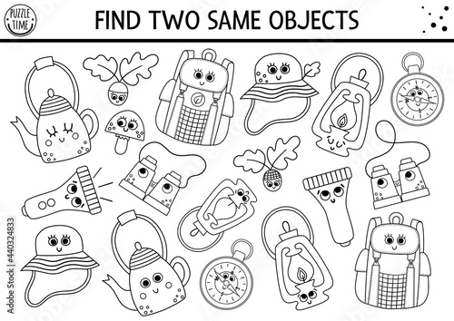 Find two same objects. Camping black and white matching activity for children. Outline worksheet or coloring page with kawaii backpack, compass, lantern. Simple printable summer camp game .