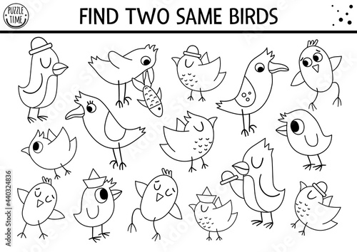 Find two same birds. Forest black and white matching activity or coloring page. Funny outline woodland logical quiz worksheet for kids. Simple printable seek and find game with cute animals .