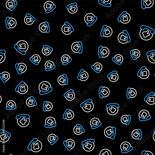 Line Online dental care icon isolated seamless pattern on black background. Dental service information call center. Vector