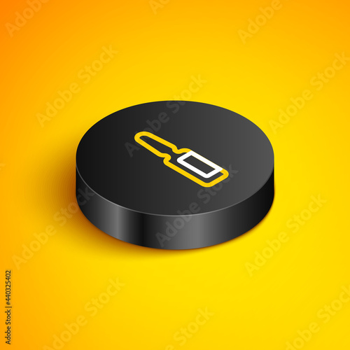 Isometric line Toothache painkiller tablet icon isolated on yellow background. Tooth care medicine. Capsule pill and drug. Pharmacy design. Black circle button. Vector