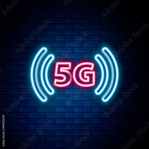 Glowing neon line 5G new wireless internet wifi connection icon isolated on brick wall background. Global network high speed connection data rate technology. Colorful outline concept. Vector