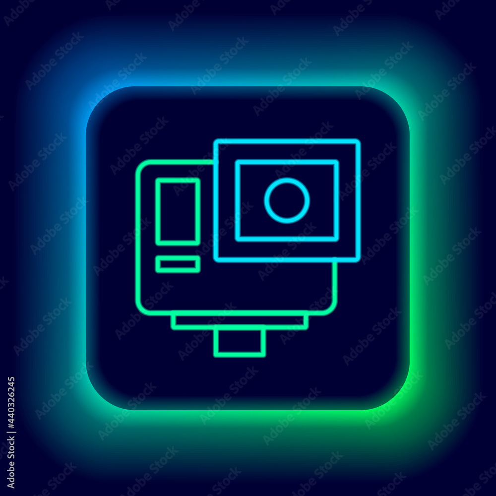 Glowing neon line Action extreme camera icon isolated on black background. Video camera equipment for filming extreme sports. Colorful outline concept. Vector Glowing neon line Action extreme camera icon isolated on black background. Video camera equipment for filming extreme sports. Colorful outline concept. Vector