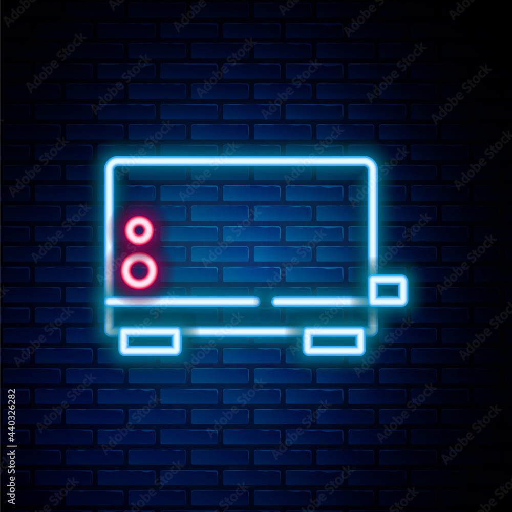 Glowing neon line Toaster icon isolated on brick wall background. Colorful outline concept. Vector Glowing neon line Toaster icon isolated on brick wall background. Colorful outline concept. Vector