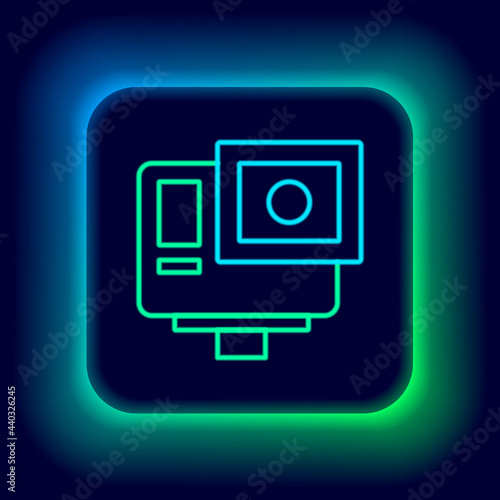 Glowing neon line Action extreme camera icon isolated on black background. Video camera equipment for filming extreme sports. Colorful outline concept. Vector