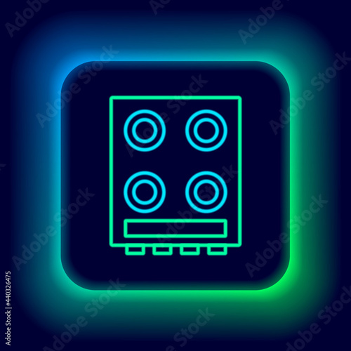 Glowing neon line Gas stove icon isolated on black background. Cooktop sign. Hob with four circle burners. Colorful outline concept. Vector