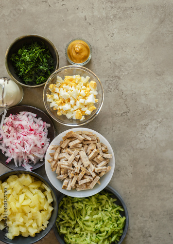 ingredients for okroshka, traditional Russian summer soup