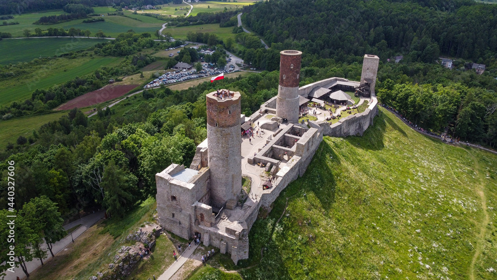 Checiny (Chęciny) medival castle located in Poland - swietokrzyskie voivodeship - look from the drone - above the building Checiny (Chęciny) medival castle located in Poland - swietokrzyskie voivodeship - look from the drone - above the building