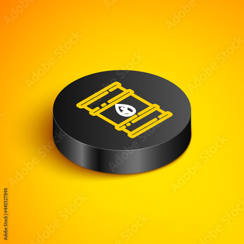Isometric line Bio fuel barrel icon isolated on yellow background. Eco bio and canister. Green environment and recycle. Black circle button. Vector