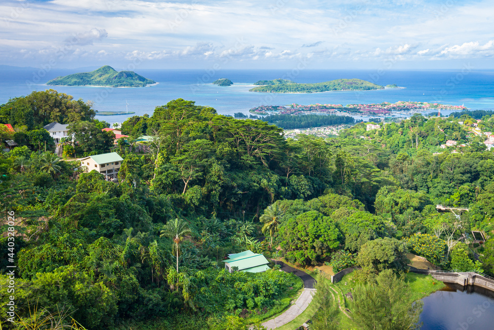 A view from Rochon Dam viewpoint on the coasts of Mahe island and  Sainte Anne Marine National Park islands in Seychelles