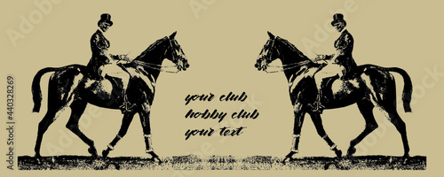 two gentlemen riding against each other in retro style, place for text, isolated