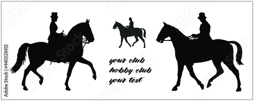 silhouettes isolated on a light background, a lady and a gentleman on horseback, opposite each other, a place for text.