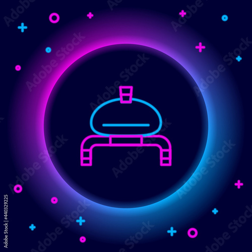 Glowing neon line Bread and salt on towel icon isolated on black background. National food loaf. Traditional ukrainian wedding bread. Colorful outline concept. Vector