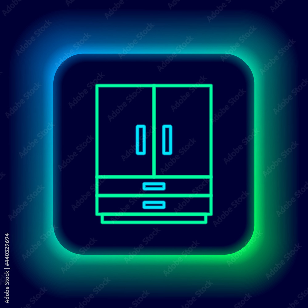 Glowing neon line Wardrobe icon isolated on black background. Colorful outline concept. Vector Glowing neon line Wardrobe icon isolated on black background. Colorful outline concept. Vector