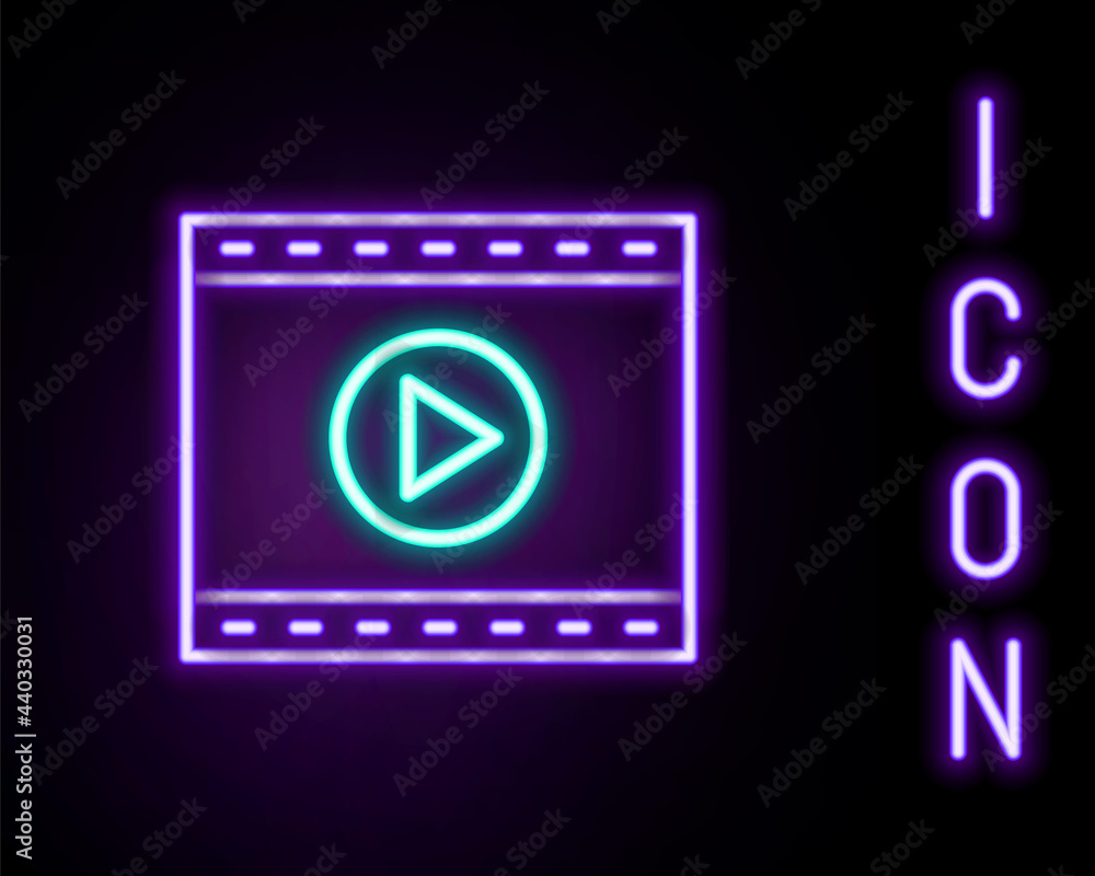 Glowing neon line Online play video icon isolated on black background. Film strip with play sign. Colorful outline concept. Vector Glowing neon line Online play video icon isolated on black background. Film strip with play sign. Colorful outline concept. Vector