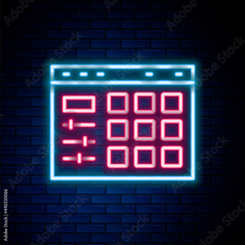 Glowing neon line Drum machine icon isolated on brick wall background. Musical equipment. Colorful outline concept. Vector