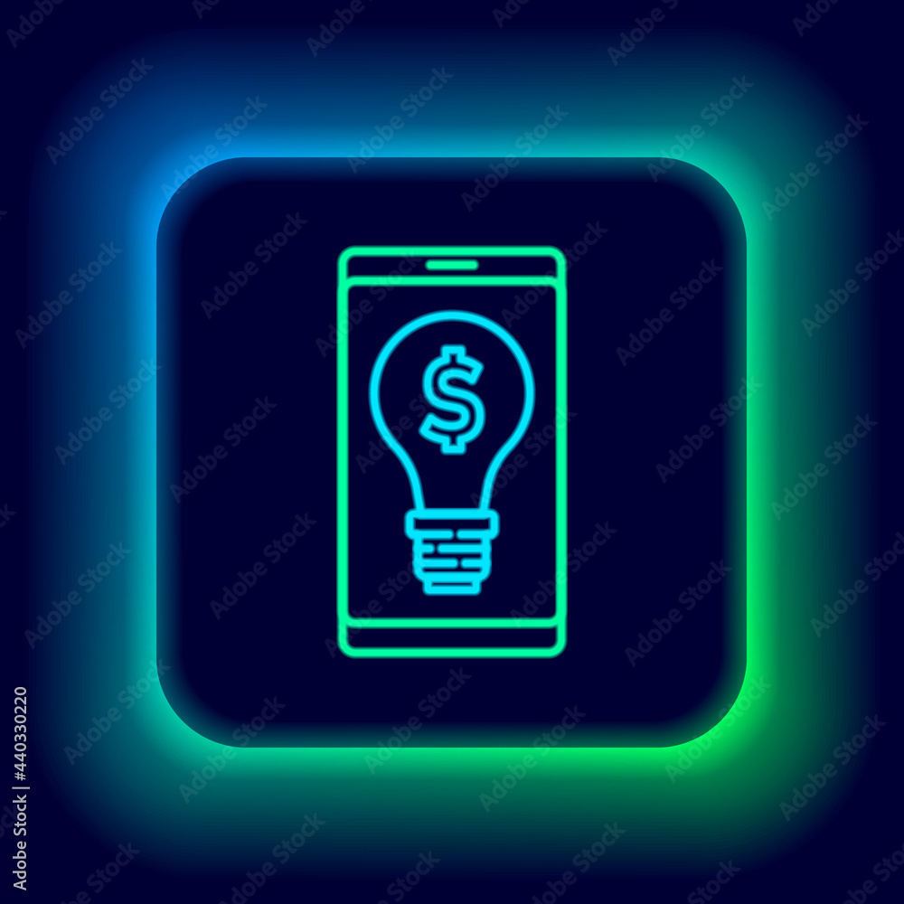Glowing neon line Business light bulb with dollar on smartphone screen icon isolated on black background. User touch screen. Colorful outline concept. Vector Glowing neon line Business light bulb with dollar on smartphone screen icon isolated on black background. User touch screen. Colorful outline concept. Vector