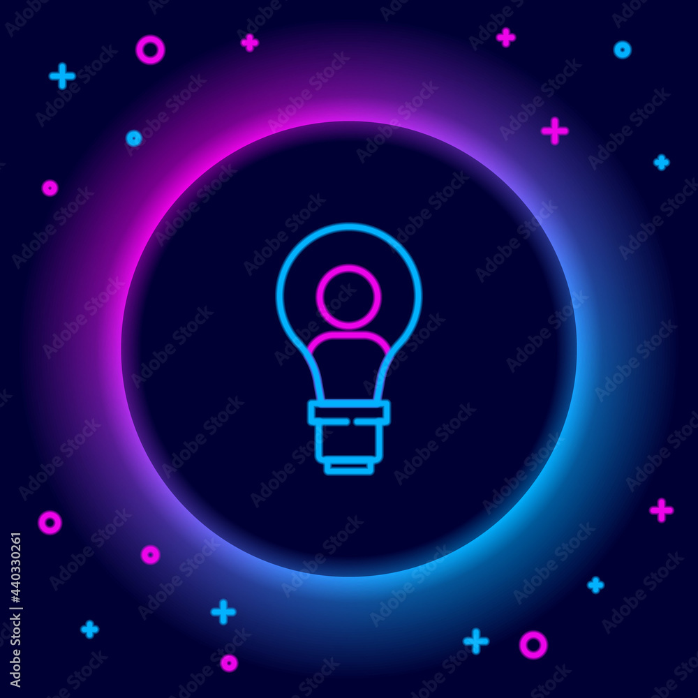 Glowing neon line Human head with lamp bulb icon isolated on black background. Colorful outline concept. Vector Glowing neon line Human head with lamp bulb icon isolated on black background. Colorful outline concept. Vector
