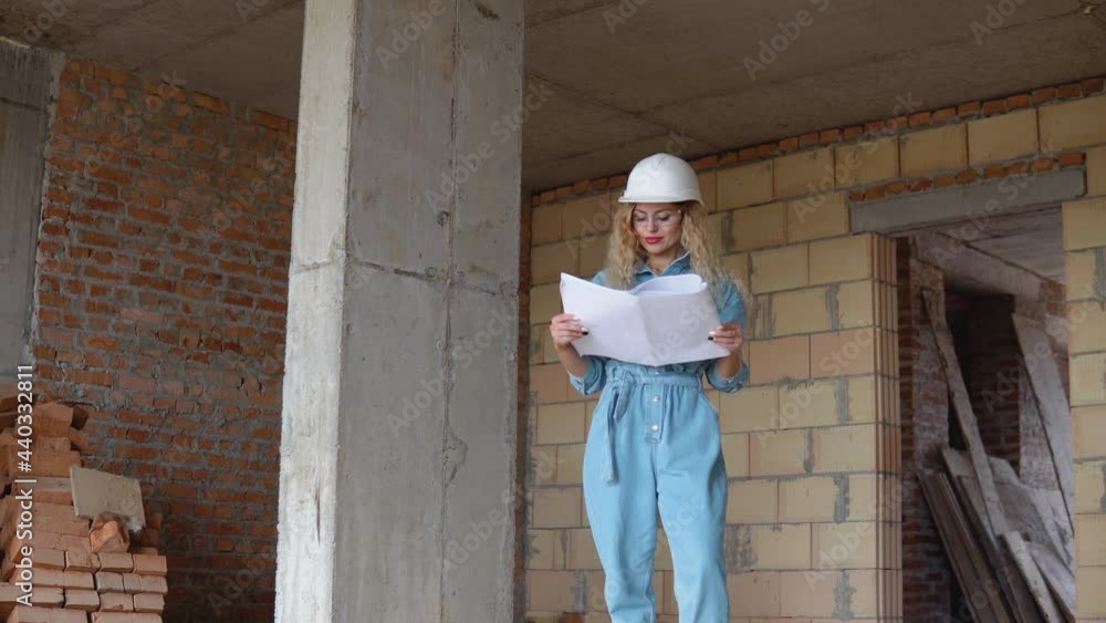 A young woman in a white work helmet and denim overalls and goggles stands at the construction site and holds a construction plan. Builder, bricklayer, architect A young woman in a white work helmet and denim overalls and goggles stands at the construction site and holds a construction plan. Builder, bricklayer, architect