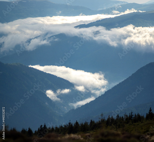 Beautiful panorama of the Carpathian mountains in summer in haze and fog