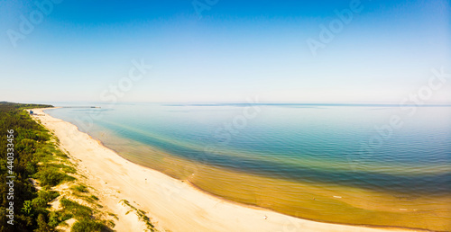 Aerial view Palanga sandy white beach in Lithuania holiday destination. Baltic sea coastline.