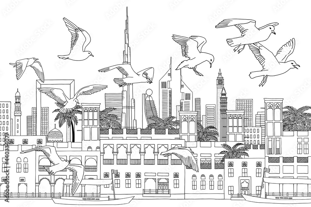 Al Seef Dubai - hand drawn black and white illustration of Duabi's skyline with seagulls