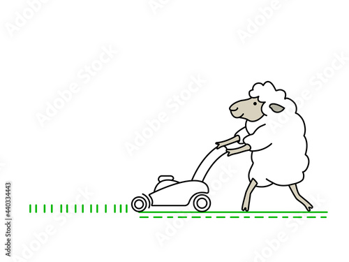 Funny happy white sheep mows the green grass with a lawn mower and makes lawn. Comic doodle line art vector animal illustration isolated on white background. Black outline image.