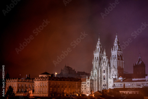 View of the cathedral of Santiago of Compostela in the night.