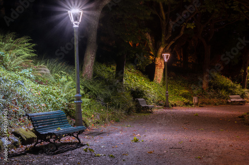 Park bench in night behind a lamp.