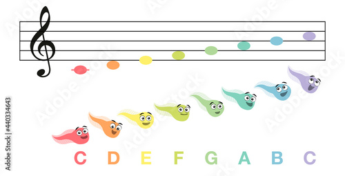 Music notes C major scale with colorful singing funny tadpoles, key of C. Vector comic illustration on white. 
