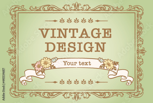 アンティークなお花とリボンの装飾フレーム、デザイン素材