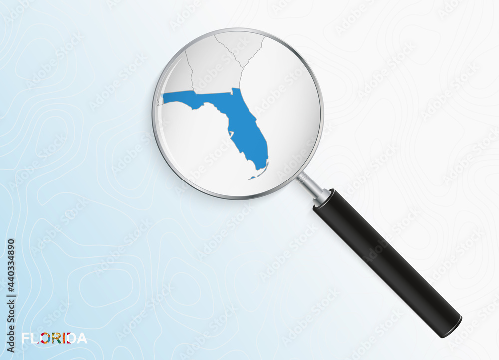 Magnifier with map of Florida on abstract topographic background. Magnifier with map of Florida on abstract topographic background.