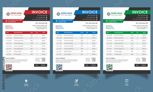 A4 size Creative Invoice Template in 3 different color