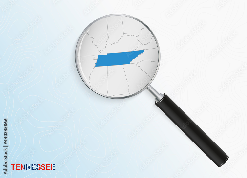 Magnifier with map of Tennessee on abstract topographic background. Magnifier with map of Tennessee on abstract topographic background.